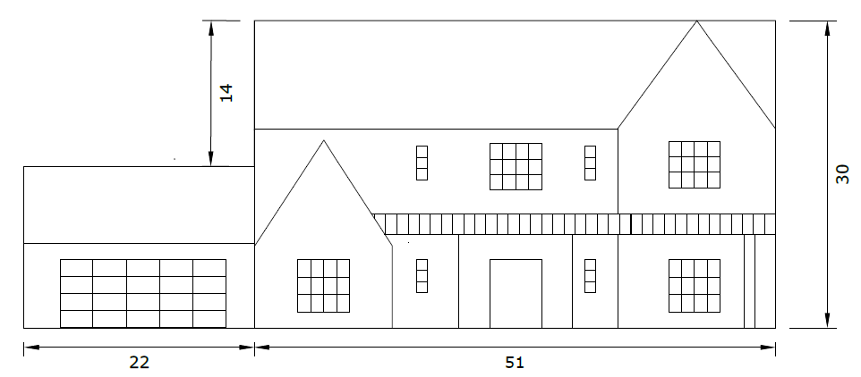 New front elevation — 51-foot main mass, 22-foot garage wing, 30 feet to the ridge