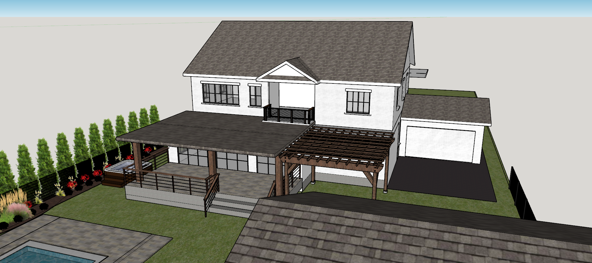 3D view from the backyard — covered deck, pergola, hot tub and pool terrace
