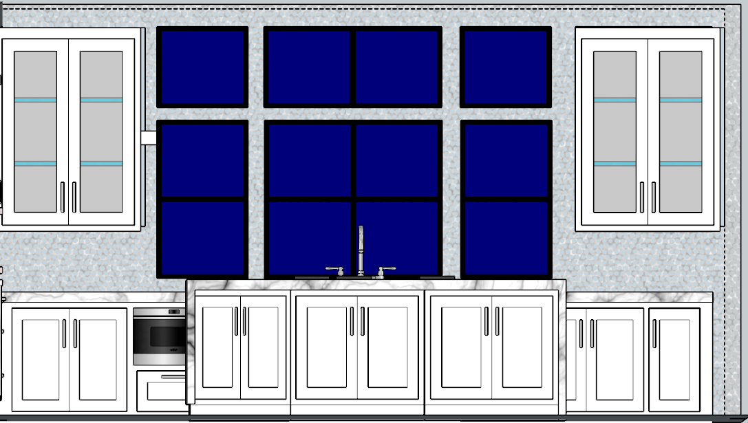 Kitchen elevation — sink wall, stone counter and nine-panel window bank