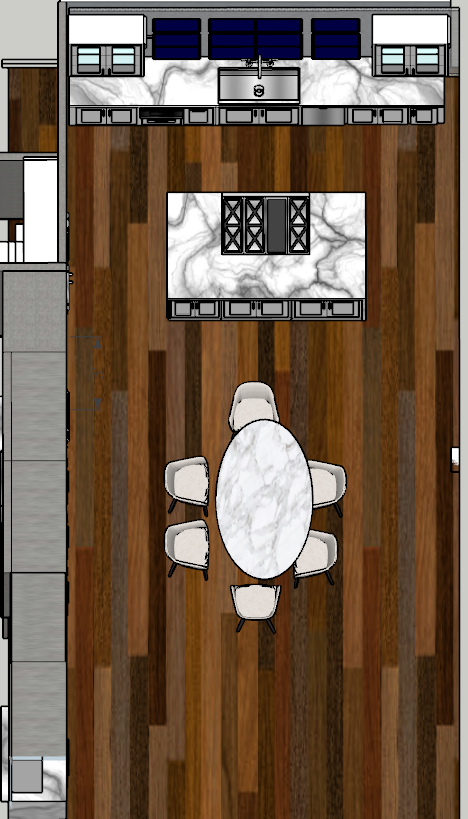Kitchen plan — range island, perimeter run and round dining table