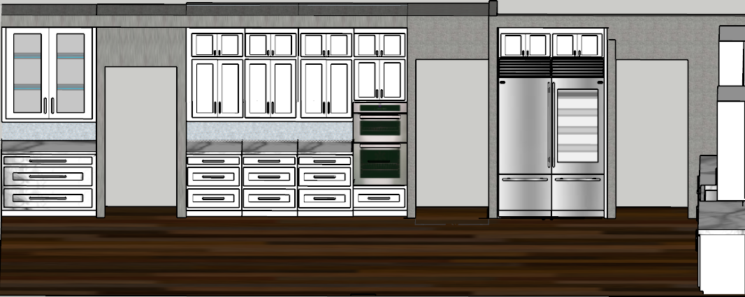 Kitchen elevation — wall ovens, cabinetry run and full-height refrigeration