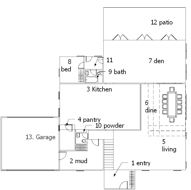 Earlier scheme — first-floor layout, thirteen numbered spaces from entry to garage