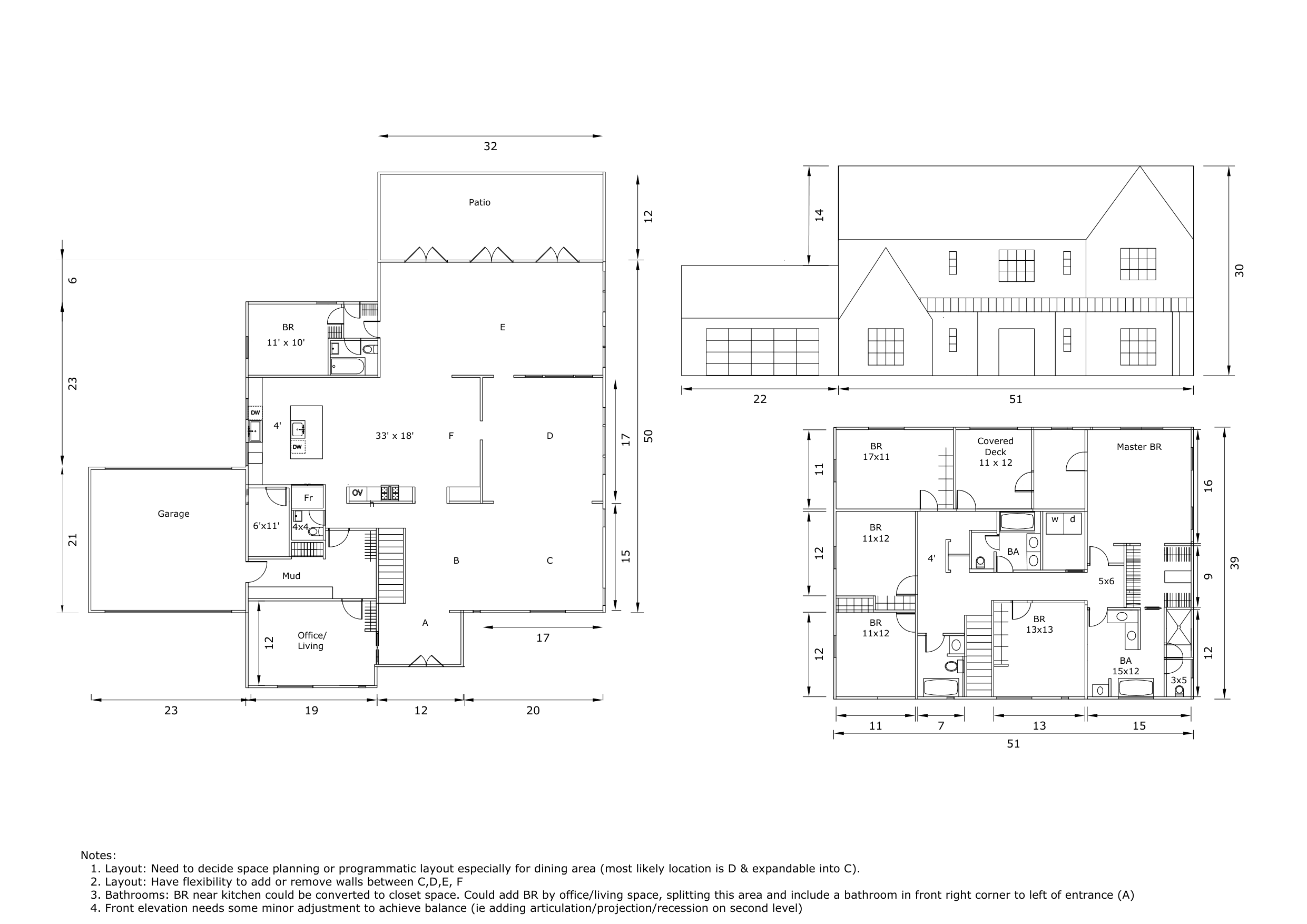 Sheet 1 — dimensioned first- and second-floor plans and front elevation